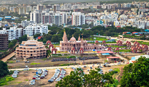 High angle view of city buildings