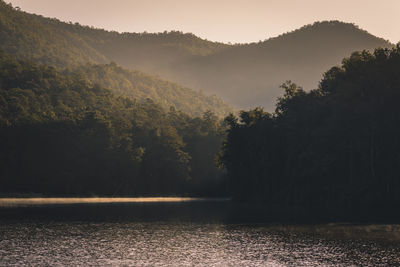 Scenic view of lake against sky at sunset