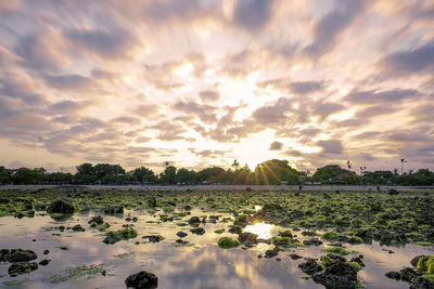 Scenic view of lake against sky during sunset