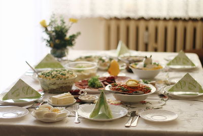 Close-up of served food on table