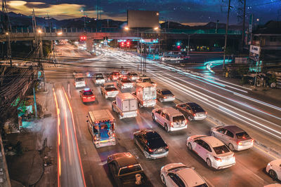 High angle view of traffic in city at night