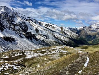 Scenic view of snowcapped mountains against sky