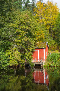 House and trees by lake in forest
