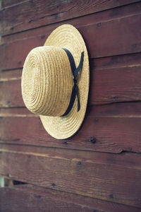 High angle view of hat on wooden wall