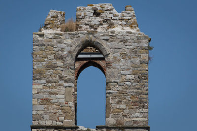 Low angle view of old building against clear blue sky