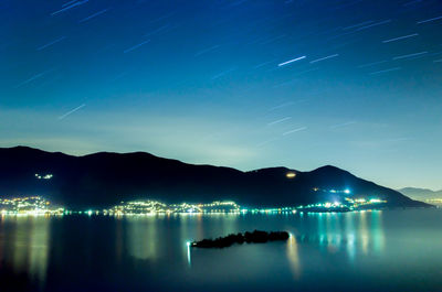 Scenic view of sea against clear blue sky at night