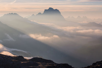 Scenic view of mountains against sky during sunset