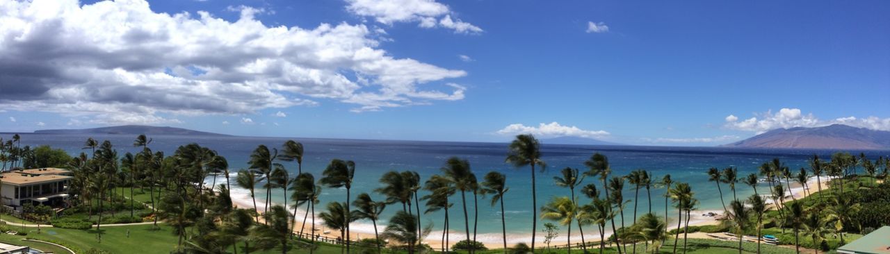 sea, sky, water, scenics, tranquil scene, beauty in nature, tranquility, nature, blue, cloud - sky, panoramic, horizon over water, mountain, beach, cloud, tree, idyllic, palm tree, coastline, shore