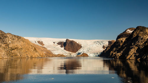 Scenic view of lake and mountains against clear blue sky