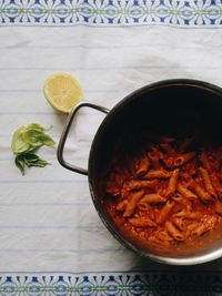 High angle view of noodles in bowl on table