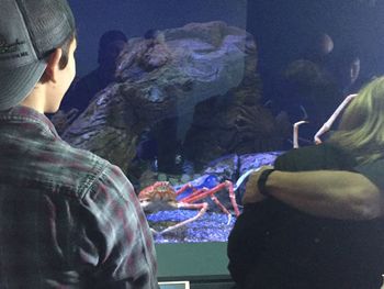 Midsection of man sitting in aquarium