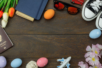 High angle view of various objects on table