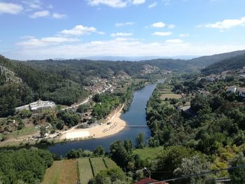 High angle view of river amidst landscape against sky