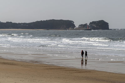 People on beach against clear sky