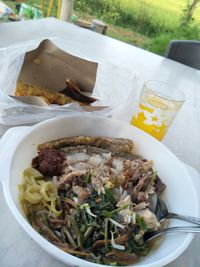 High angle view of food served on table