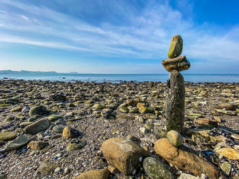 Scenic view of rocks on beach against sky