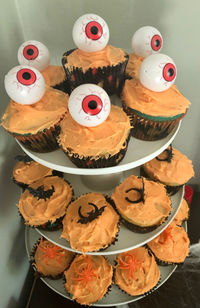 High angle view of cupcakes on table