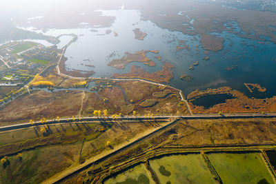 Aerial view of delta in autumn