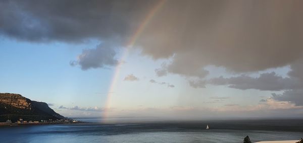 Scenic view of sea against rainbow in sky