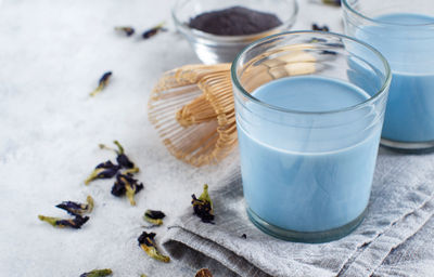 High angle view of blue drink in glasses on table