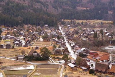 High angle view of houses and trees in town