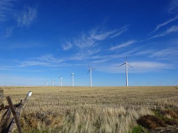 Wind turbines on field against blue sky