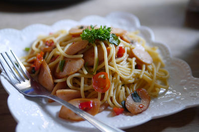 Close-up of pasta served in plate