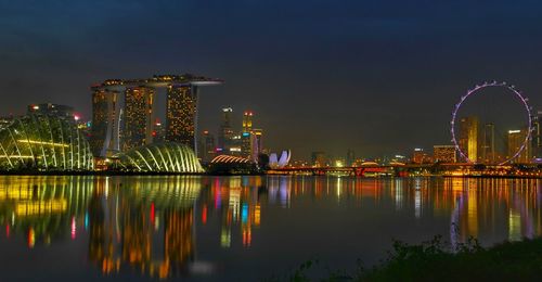 Reflection of illuminated buildings in city at night