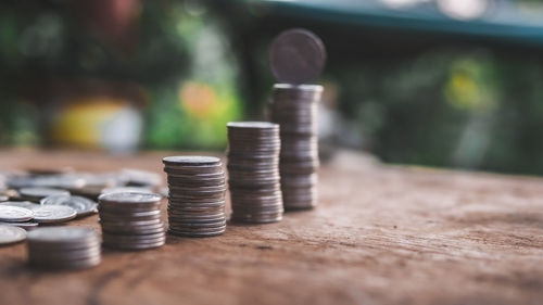 Close-up of coins on table