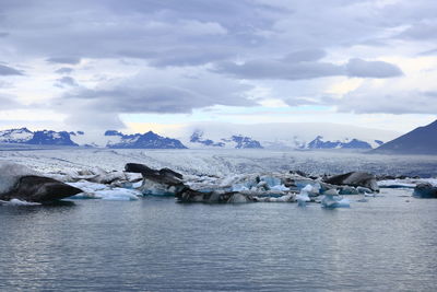 Scenic view of lake against sky during winter