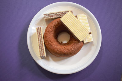 High angle view of dessert in plate on table