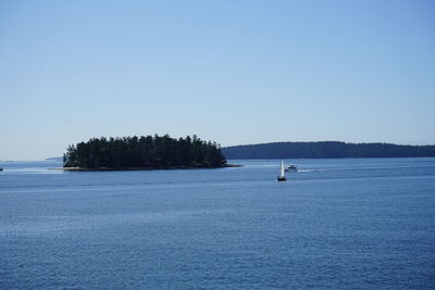 Scenic view of sea against clear blue sky