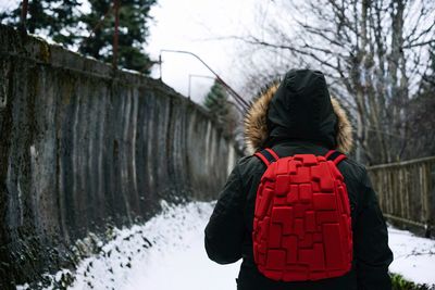 Rear view of man in snow against trees during winter