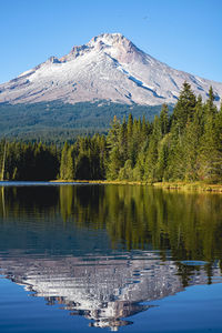 Scenic view of trillium lake by snowcapped mount hood mountain