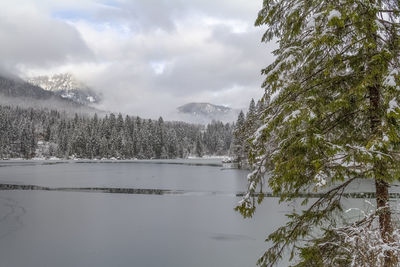 Scenic view of lake against sky during winter