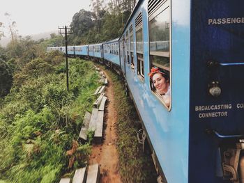 High angle view of train at railroad station