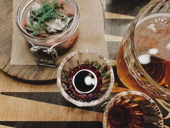 High angle view of beer in glass on table