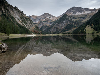 Scenic view of lake and mountains against sky