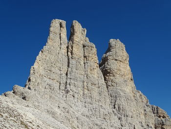 Low angle view of rock formation against clear blue sky