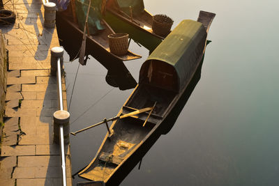 High angle view of wooden post in lake