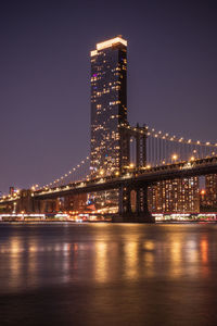 Illuminated buildings by river against sky at night