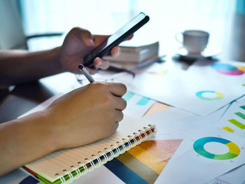 Cropped hand of business person using mobile phone in office