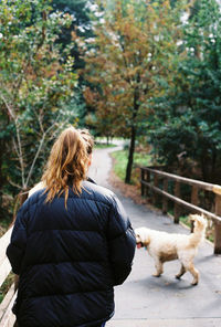 Rear view of woman with dog against trees
