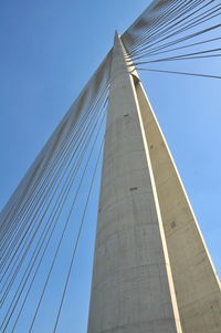 Low angle view of suspension bridge against clear blue sky