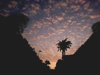 Low angle view of silhouette palm trees against sky at sunset