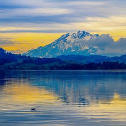 Scenic view of lake and mountains against sky