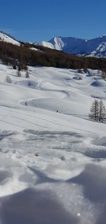 Snow covered landscape against sky