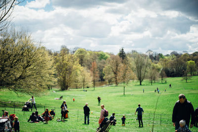 People on field by trees against sky