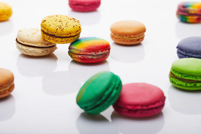 Close-up of macaroons on white background