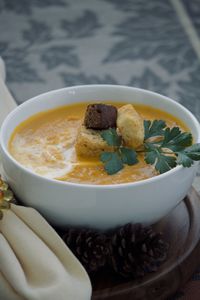 High angle view of soup in bowl on table